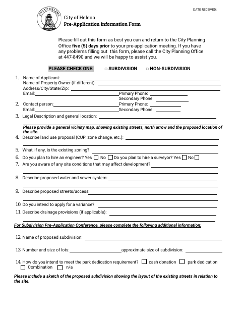 First page of the Pre-Application Information Form