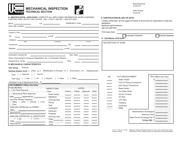 First page of the Mechanical Inspection Application