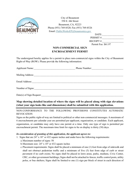 First page of the Non-Commercial Sign Encroachment Permit