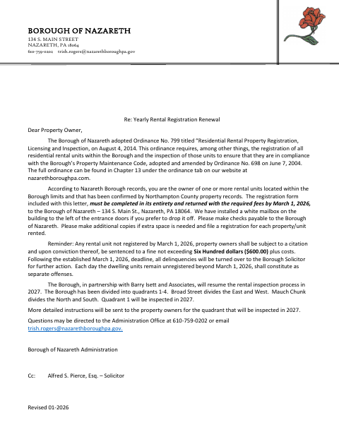 First page of the Yearly Rental Registration Renewal