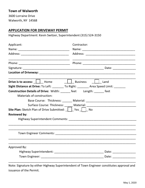 First page of the Application for Driveway Permit