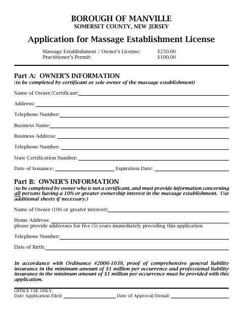 First page of the Application for Massage Establishment License