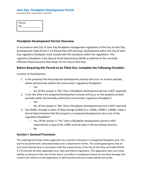 First page of the Floodplain Development Permit