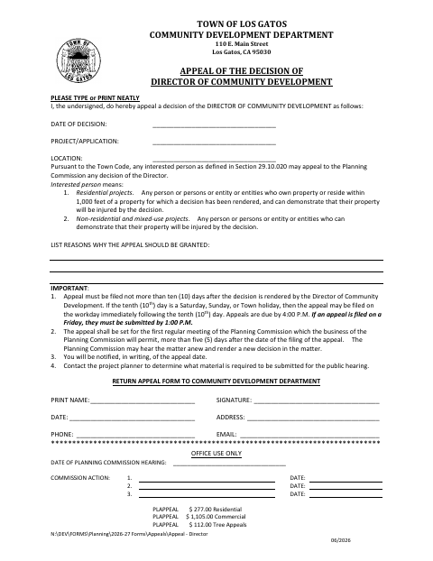First page of the Appeal of the Decision of Director of Community Development