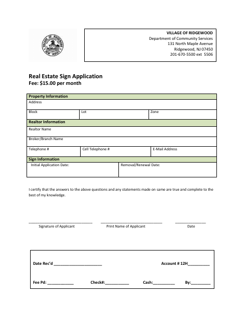 First page of the Real Estate Sign Application