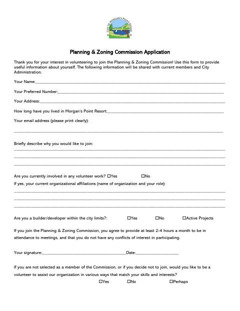 First page of the Planning & Zoning Commission Application