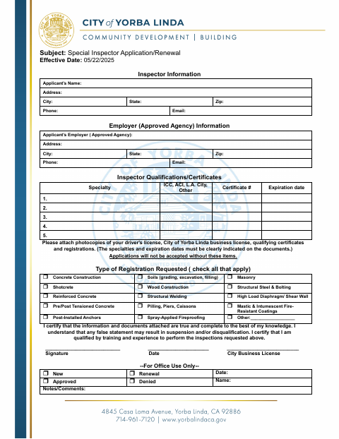 First page of the Special Inspector Application and Renewal