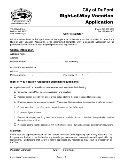 First page of the Right-of-Way Vacation Application