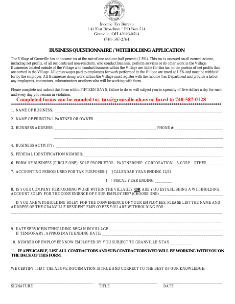 First page of the Business Questionnaire / Withholding Application