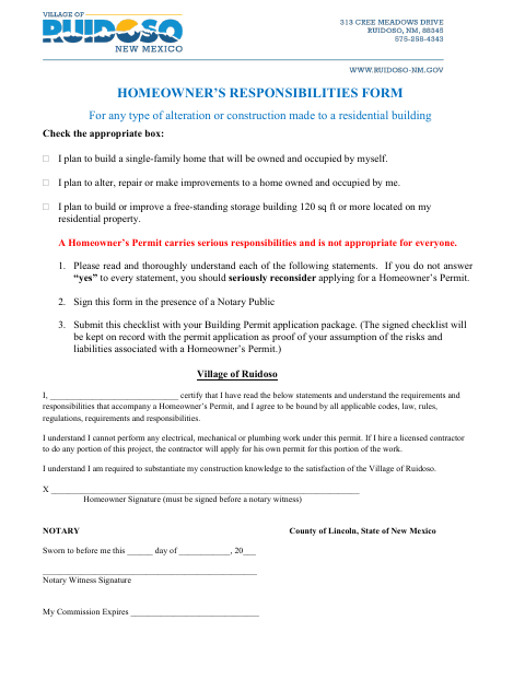 First page of the Homeowner’s Responsibilities Form