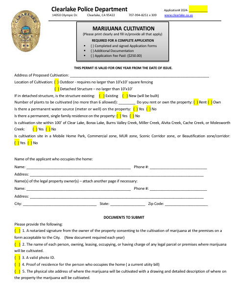 First page of the Marijuana Cultivation Permit Application