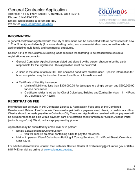 First page of the General Contractor Application