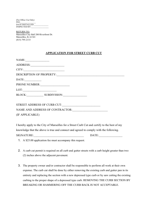 First page of the Street Curb Cut Application