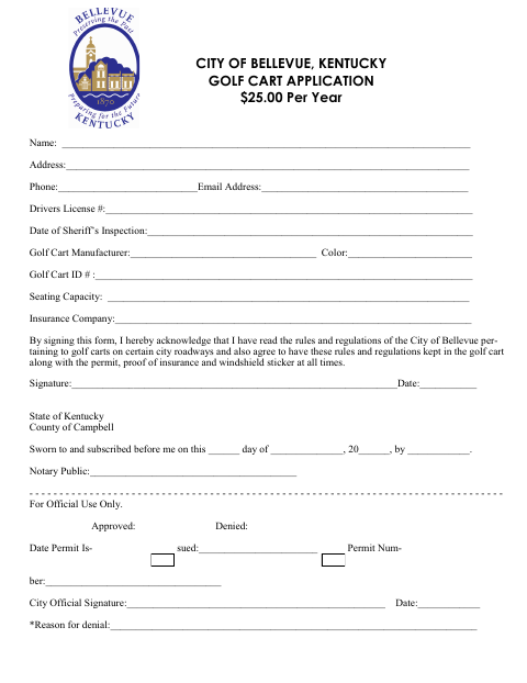 First page of the Golf Cart Application