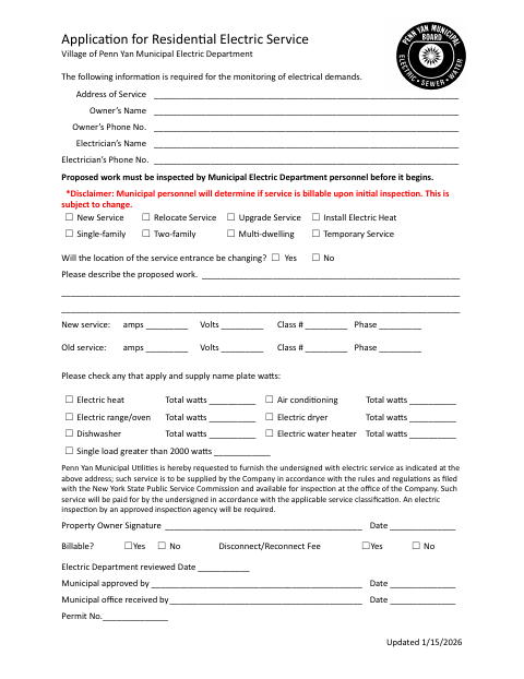 First page of the Application for Residential Electric Service