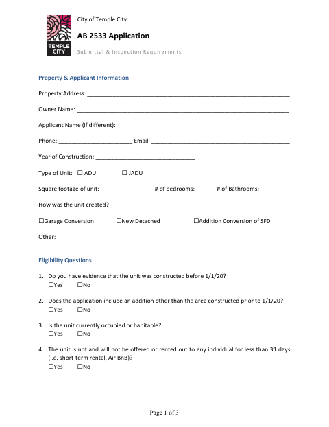 First page of the AB 2533 ADU/JADU Application