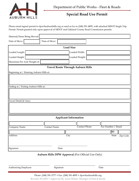 First page of the DPW Special Road Use Permit