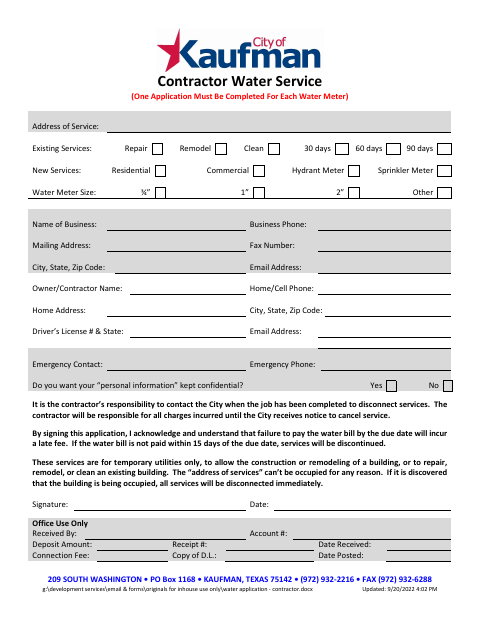 First page of the Contractor Water Service