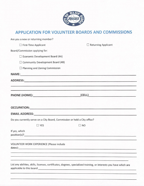 First page of the Application for Volunteer Boards and Commissions