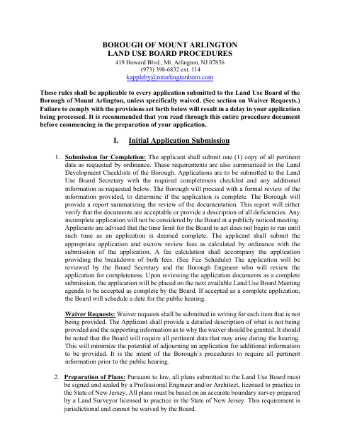 First page of the Land Use Board Application for Development