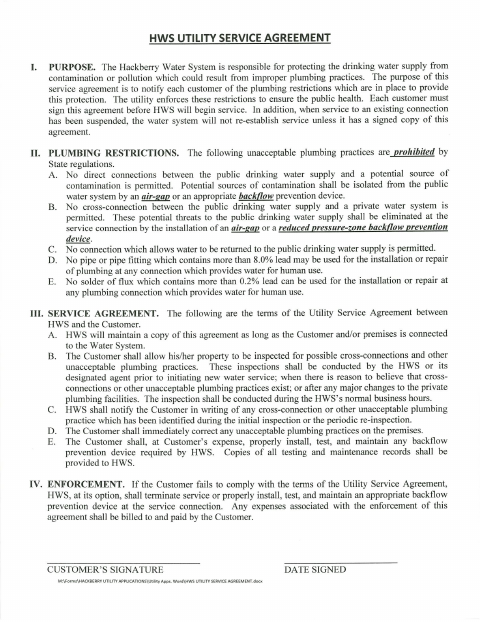 First page of the HWS Utility Service Agreement