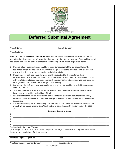 First page of the Deferred Submittal Agreement