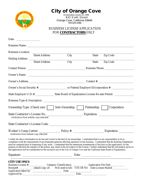 First page of the Business License Application for Contractors Only