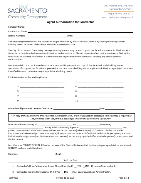 First page of the Agent Authorization for Contractor