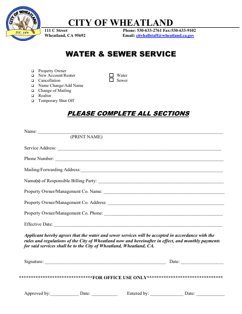 First page of the Water & Sewer Service Application