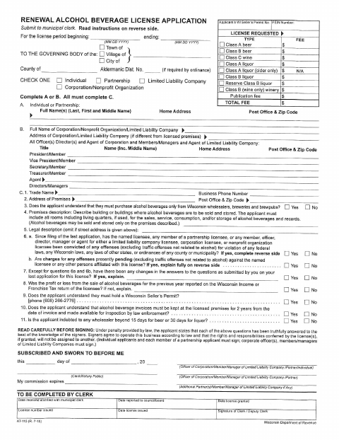 First page of the Renewal Alcohol Beverage License Application