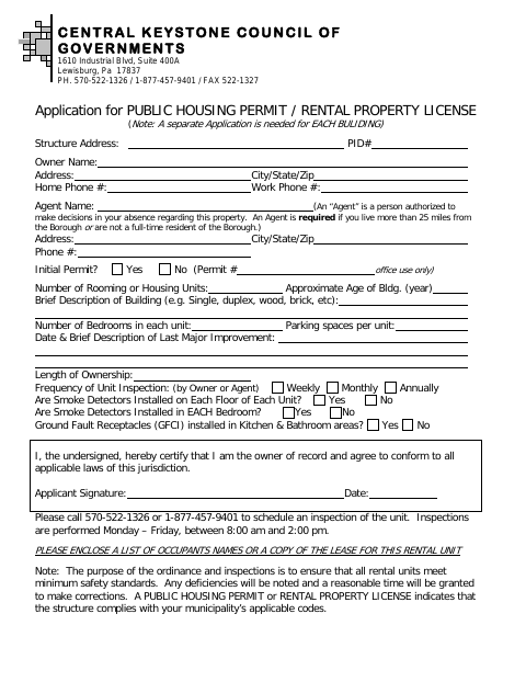 First page of the Public Housing Permit / Rental Property License Application