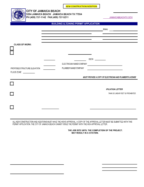 First page of the New Construction or Addition Building Permit Application