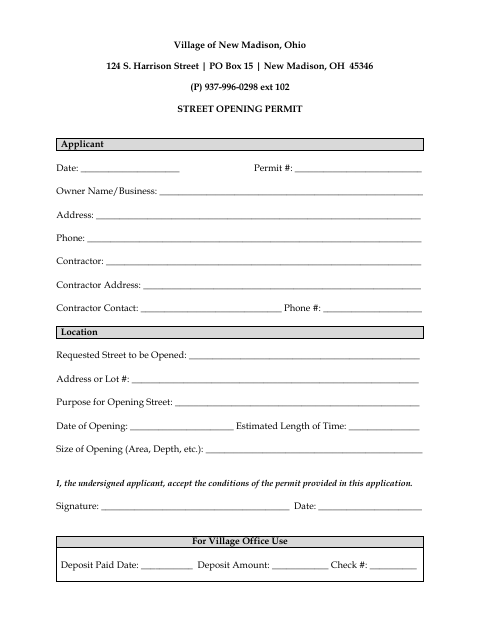 First page of the Street Opening Permit