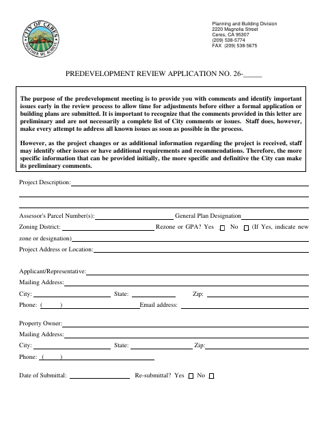 First page of the Predevelopment Review Application