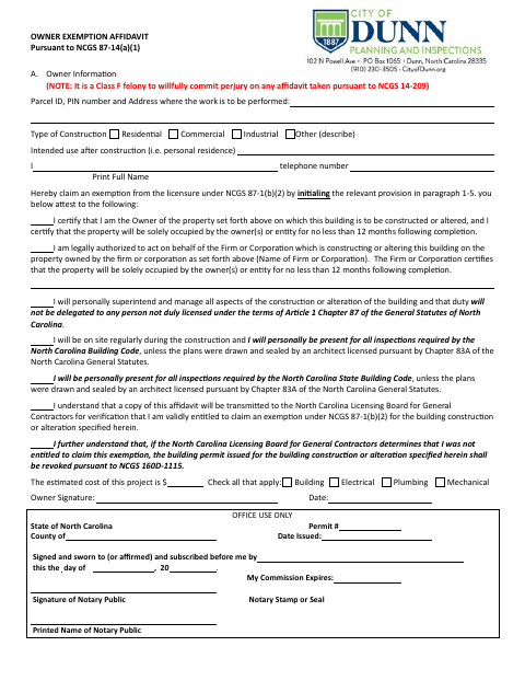 First page of the Owner Exemption Affidavit