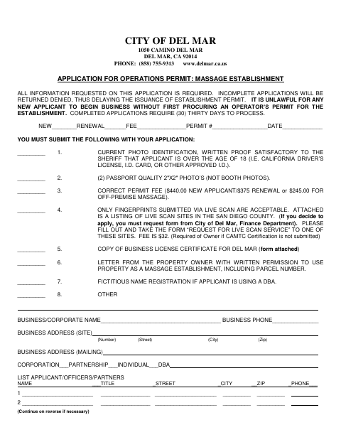 First page of the Application for Operations Permit: Massage Establishment