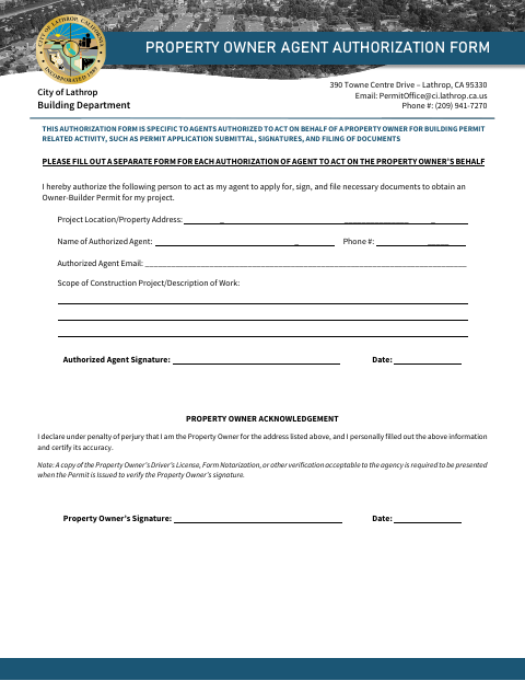 First page of the Property Owner Agent Authorization Form
