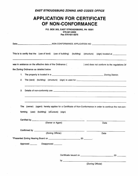 First page of the Certificate of Non-Conformance Application