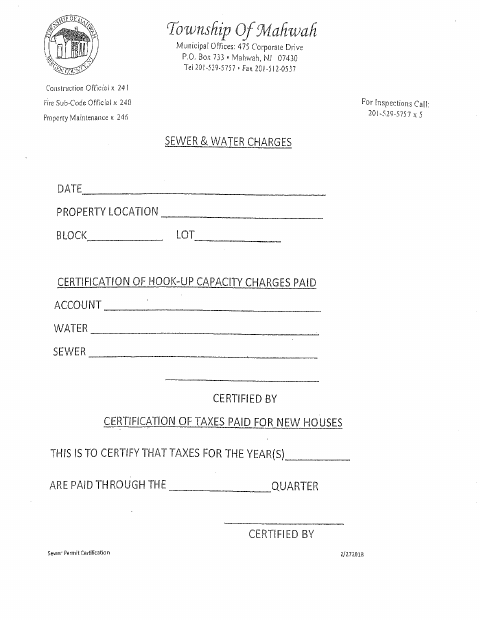 First page of the Municipal Sewer Hook-Up Application