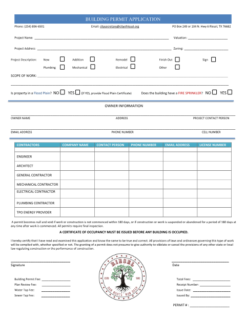 First page of the Commercial Building Permit Application