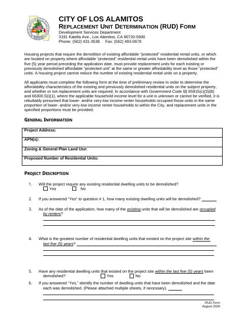 First page of the Replacement Unit Determination Form