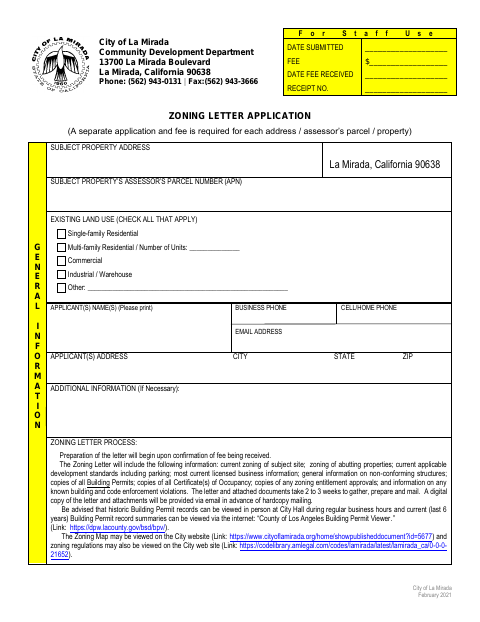 First page of the Zoning Verification Letter Application