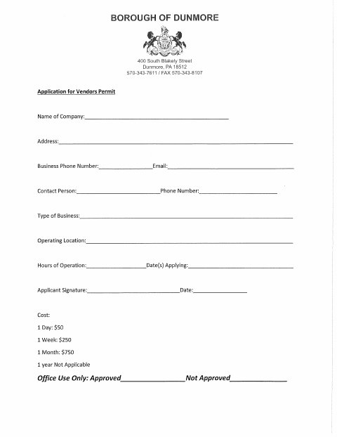First page of the Application for Vendors Permit