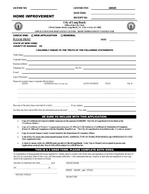 First page of the Home Improvement Contractor Mercantile License Application