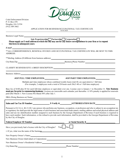 First page of the Business License Application
