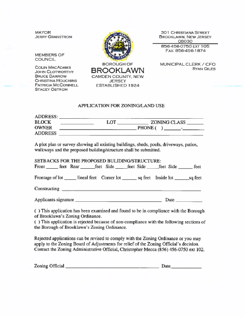 First page of the Application for Zoning/Land Use