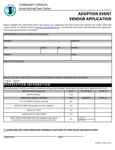 First page of the Adoption Event Vendor Application