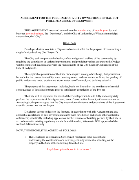 First page of the Agreement for the Purchase of a City-Owned Residential Lot