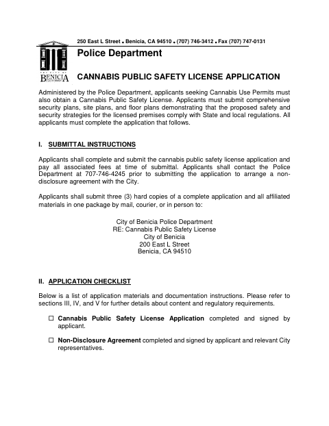 First page of the Cannabis Public Safety License Application