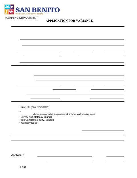 First page of the Variance Application